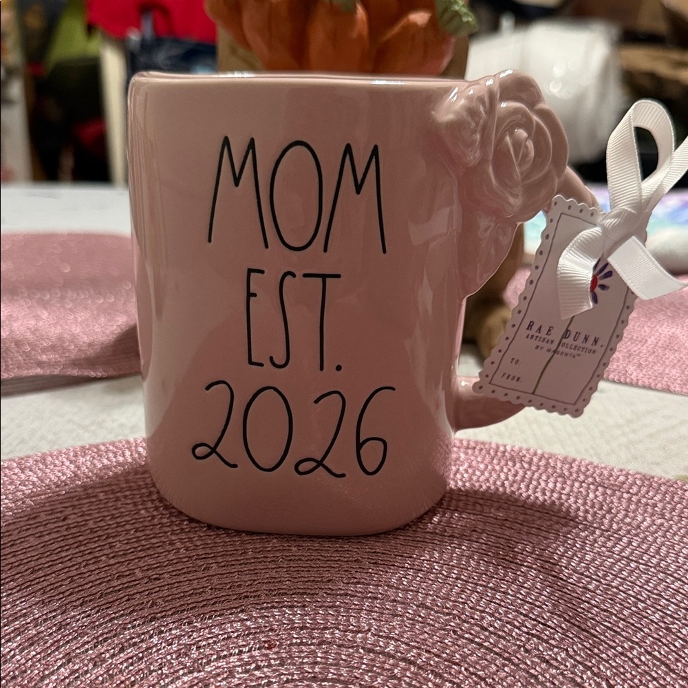 Rae Dunn mug MOM EST. 2026 in pink